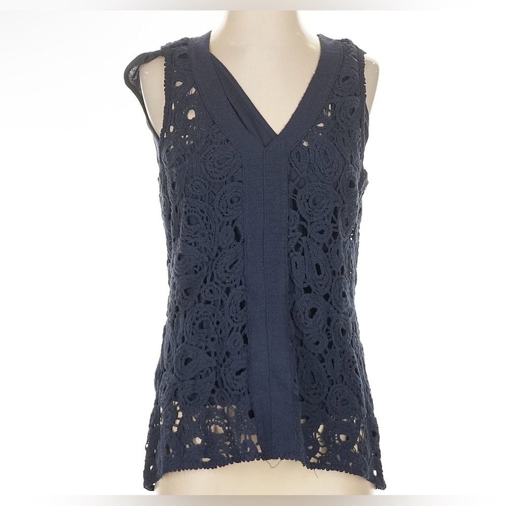 XCVI Navy Crochet V-neck Sleeveless Top - Picture 1 of 4